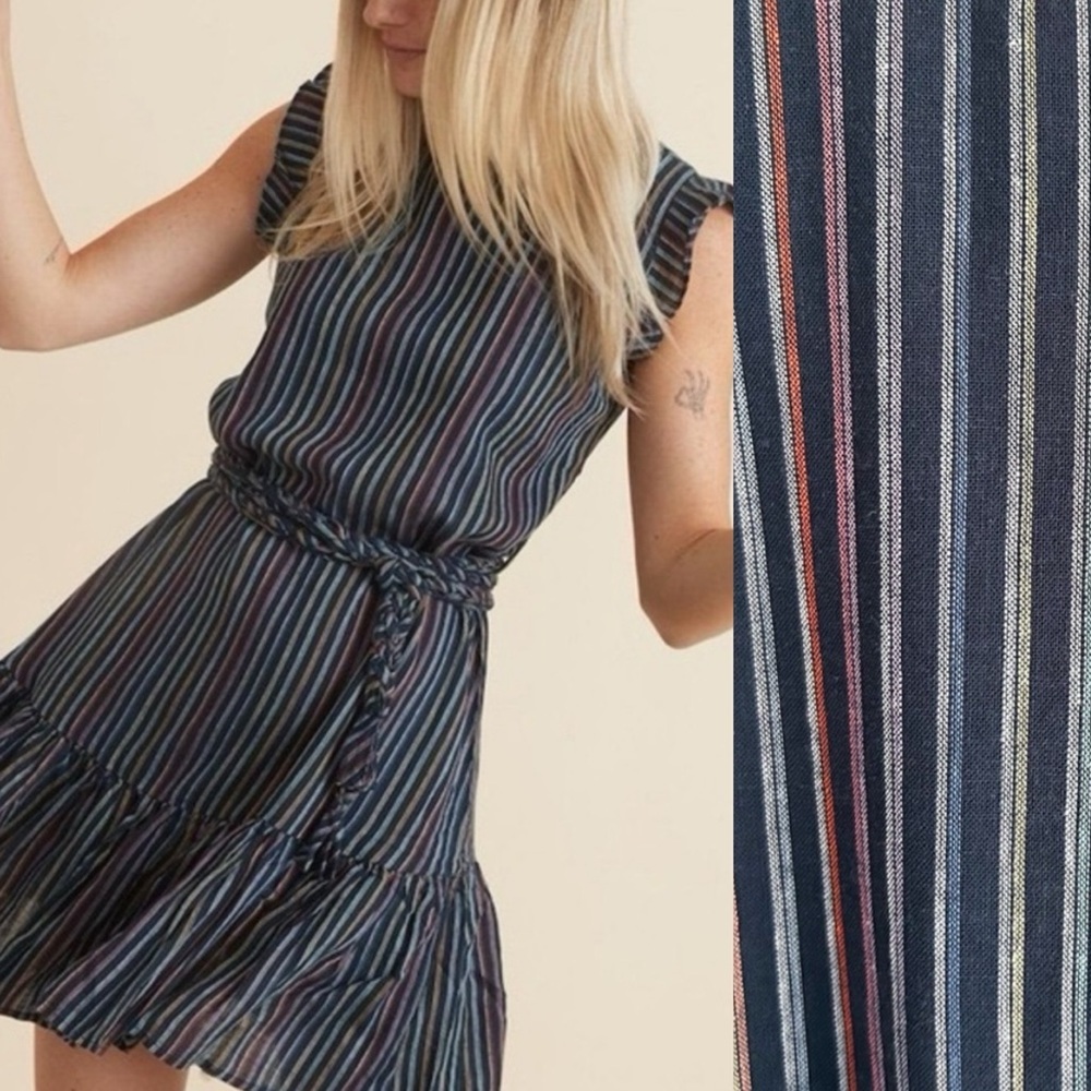 Marine Layer Laney Mini Dress Navy Multi-Stripe Ruffle Hem Small Linen Spring